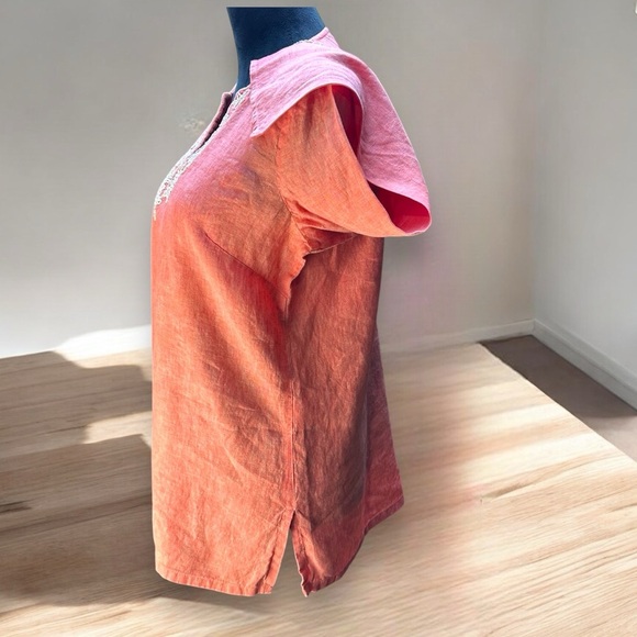Lands’ End S Coral Linen Tunic Top Boho Embroidered Henley - Picture 6 of 10